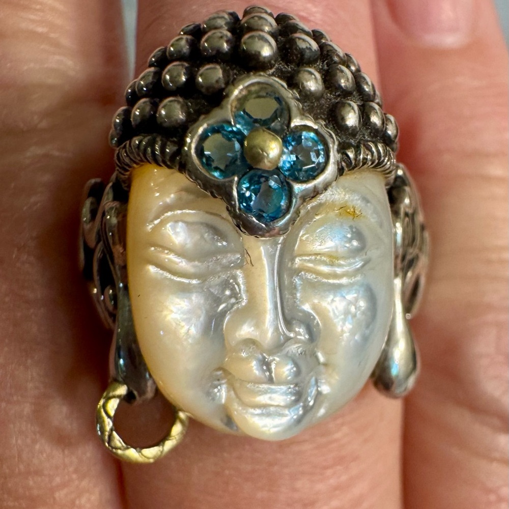 Gold, Silver and MOP Buddha Head Ring with Gemstone Accents by Barbara Bixby